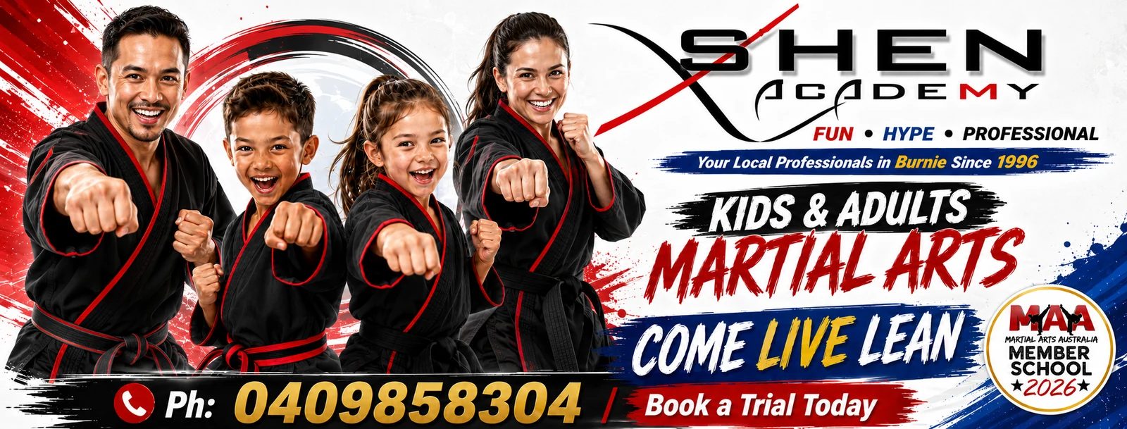 Shen Academy martial arts promotional banner for kids and adults in Burnie